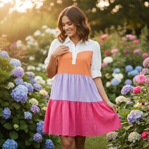 Entro Mini Dress M Swing Tiered Baby Doll Color Block Boho Cottage Twee Coastal